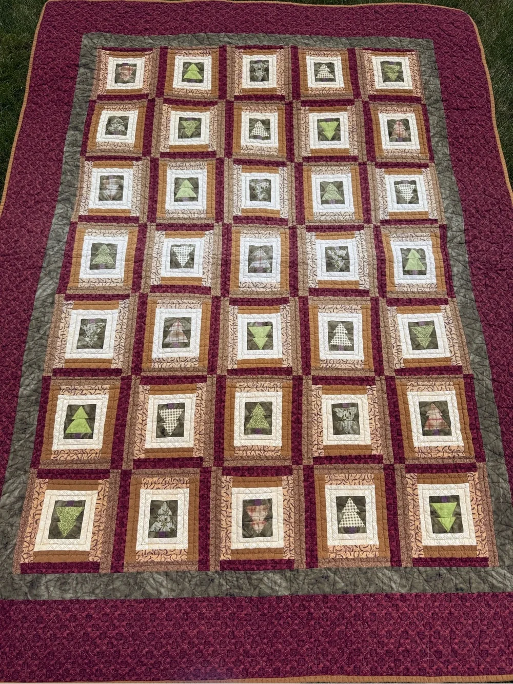 Professionally Made Quilt Trees Maroon Cabin Forest Rustic Throw Cotton 50x69”